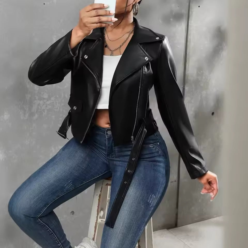 Veste Motard Femme Similicuir Noir Élégante