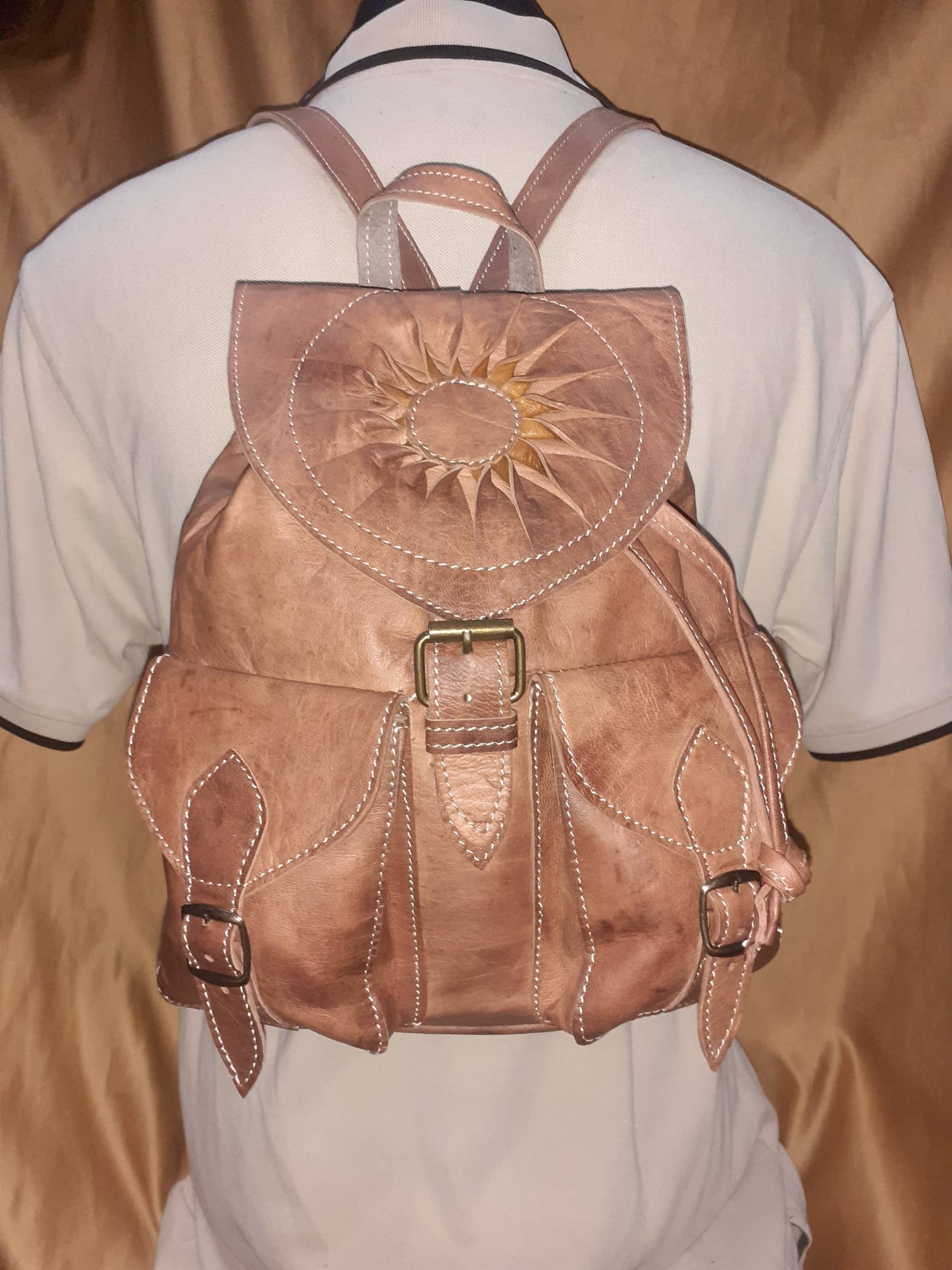 Hecho a Mano Sac à Dos en Cuir Motif Soleil