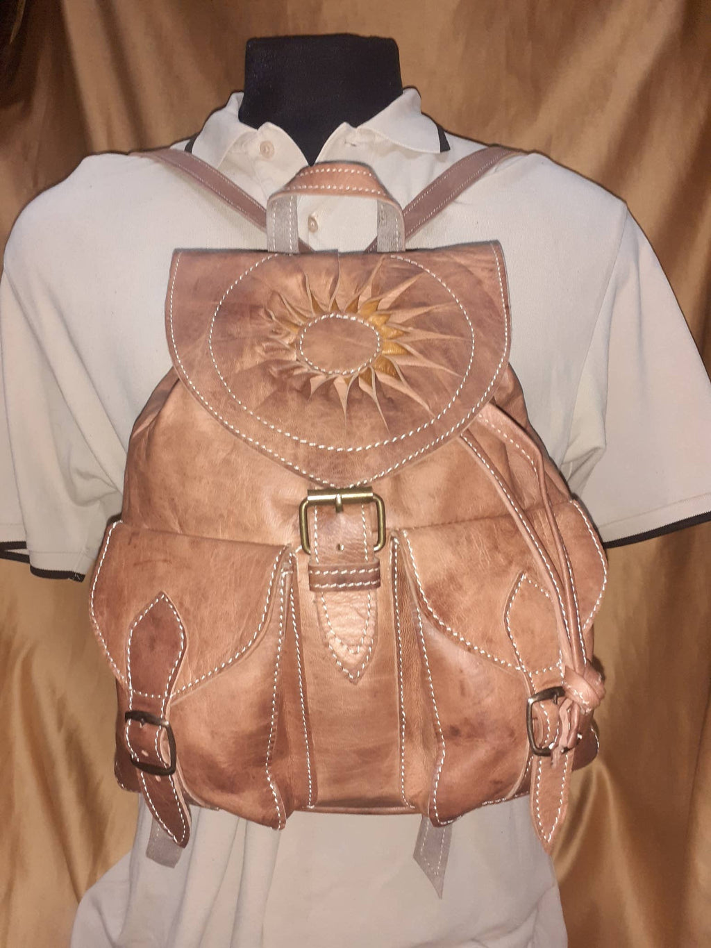 Hecho a Mano Sac à Dos en Cuir Motif Soleil
