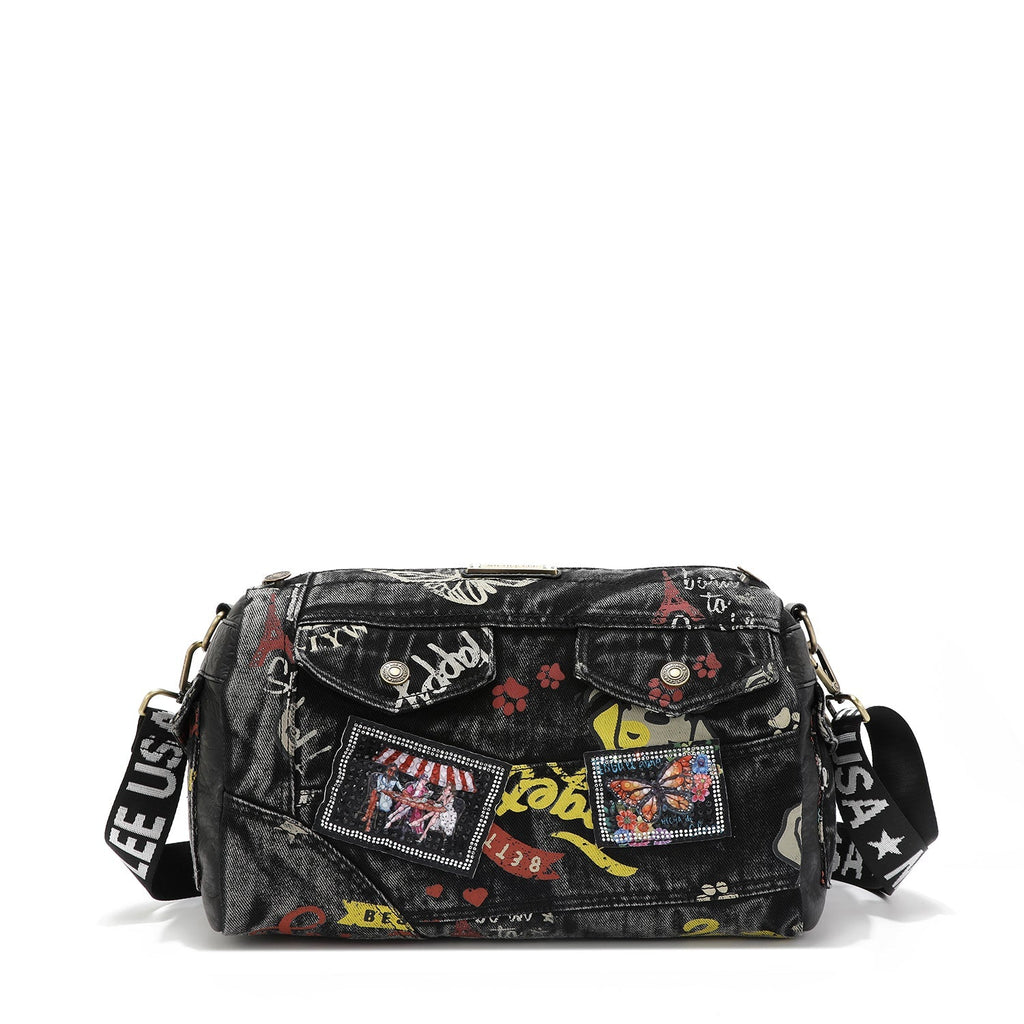 Nicole Lee Sac Messenger Noir Cuir Végétalien Imprimé